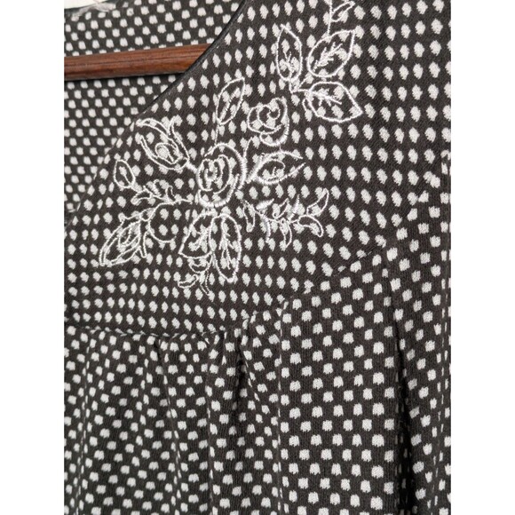 Vintage Black White Dotted Zip Front House Dress Floral Embroidered Lounge Comfy - Picture 3 of 8